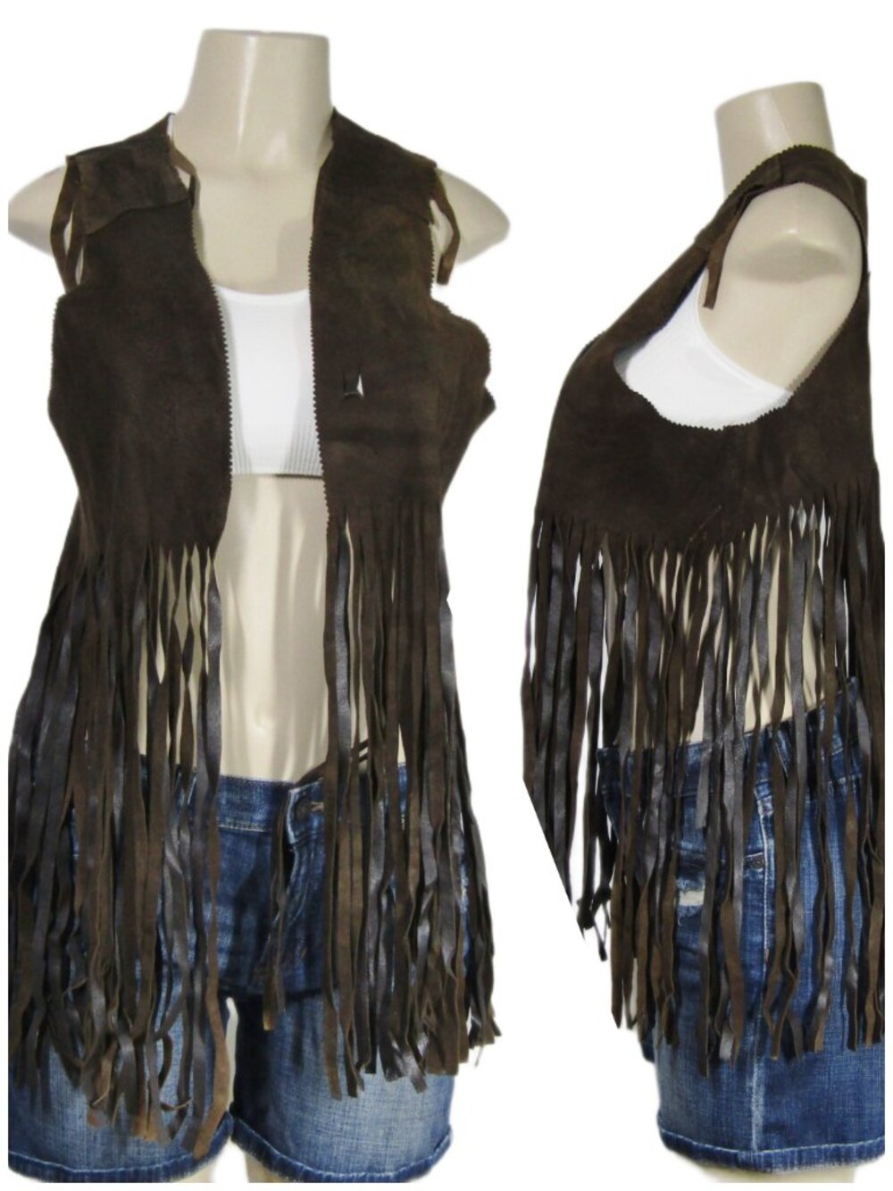 VTG Suede Leather Long FRINGE Brown REVERSIBLE Hippie Boho Festival Vest S M